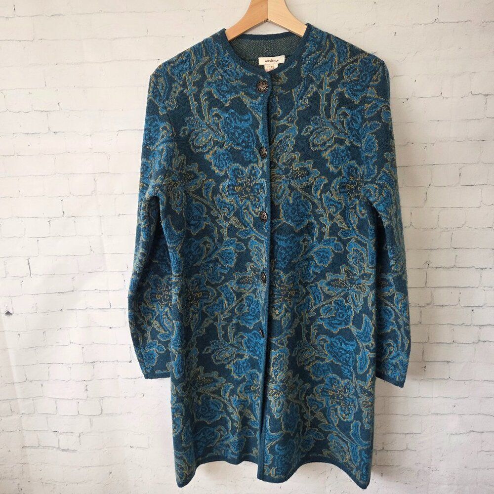 Sundance Sweater Coat Sea Moss Blue Green Size Petite Small Floral Merino Wool